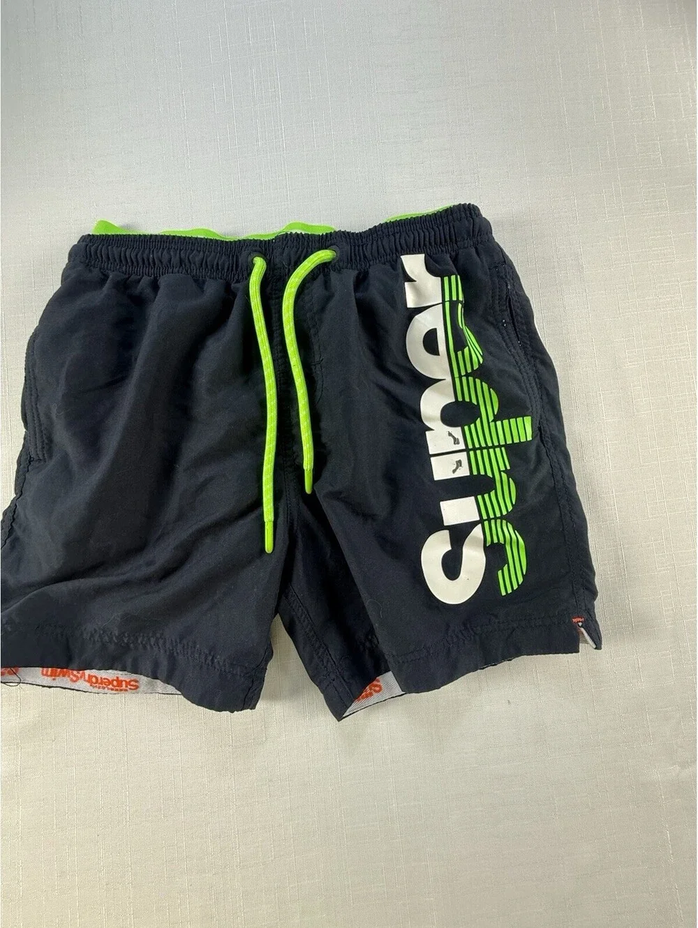 Superdry Premium Swim Shorts Men’s Large Black Green Logo Lined Beach Trunks